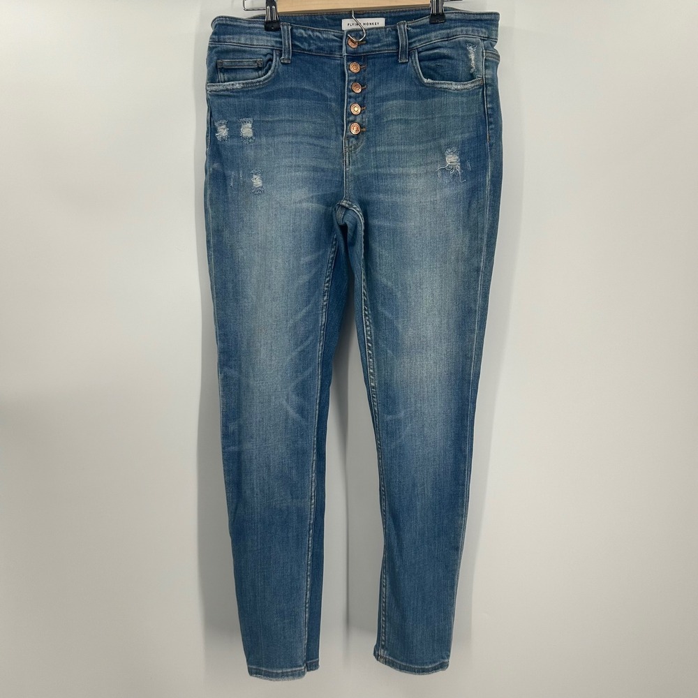 Flying Monkey Womens 31 High Rise Skinny Distressed Button Fly Jeans Blue F4168